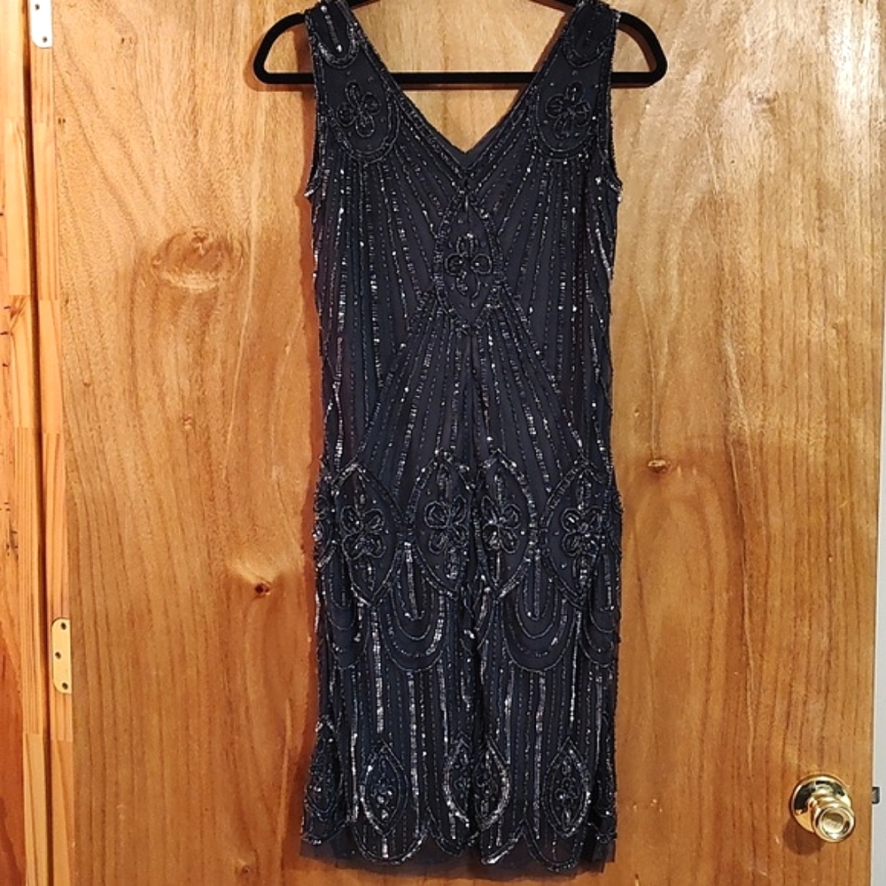 Prelude Beaded Sheath Dress Slate Blue Sleeveless Sequins Evening Dance Hoco 6 - Picture 8 of 13